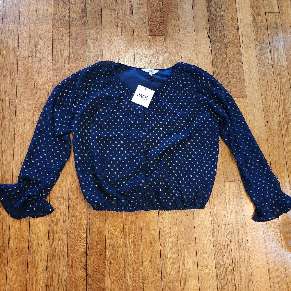 Jack by BB Dakota Blue Gold Dot Button Blouse XS Extra Small NWT